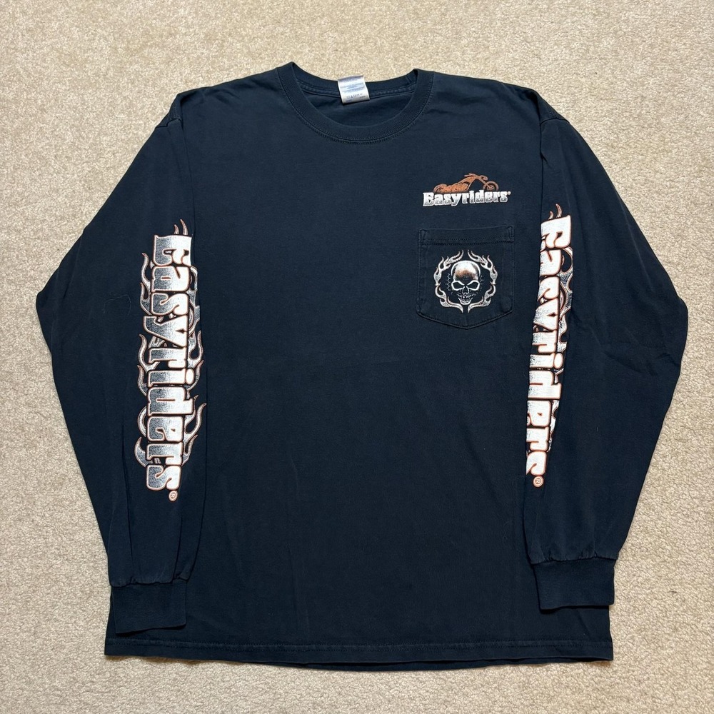 Vtg Easyriders Shirt‎ Mens Large Black Long Sleeve Skull Flames Biker Pocket Tee